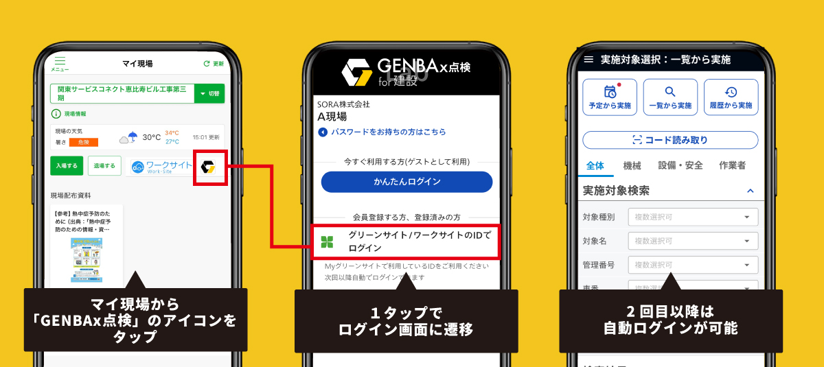 ※ 初回はGENBAx点検遷移後にMyグリーンサイトのID・パスワードの入力を行います